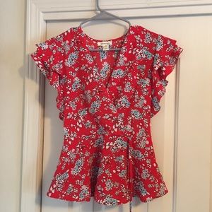 Red Floral Ruffle Sleeves Wrap Top